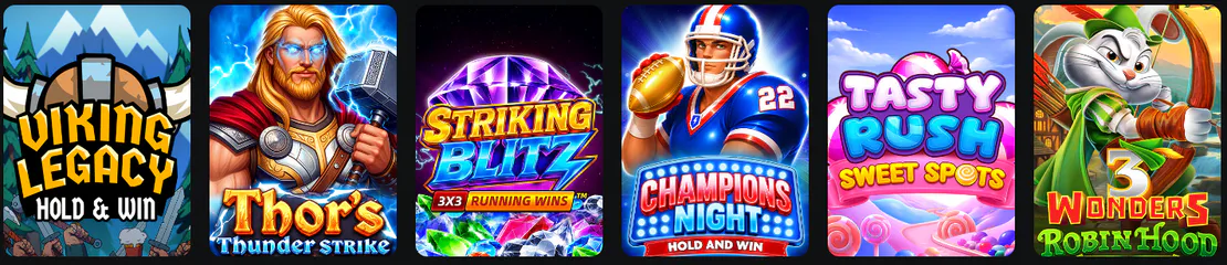 Betify Casino sélection de machines à sous avec Viking Legacy, Thor’s Thunder Strike, Striking Blitz, Champions Night, Tasty Rush et 3 Wonders Robin Hood
